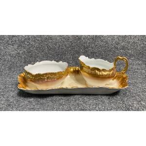 Haviland Limoges Porcelain Gold Gilded Creamer & Sugar Bowl w/Plate Set c1900